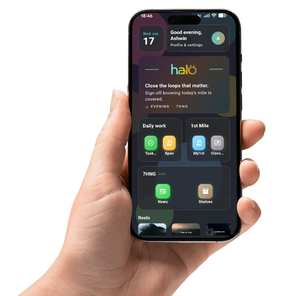 Halo app on smartphone showing Daily Work, 1st Mile, and 7HNG applet islands
